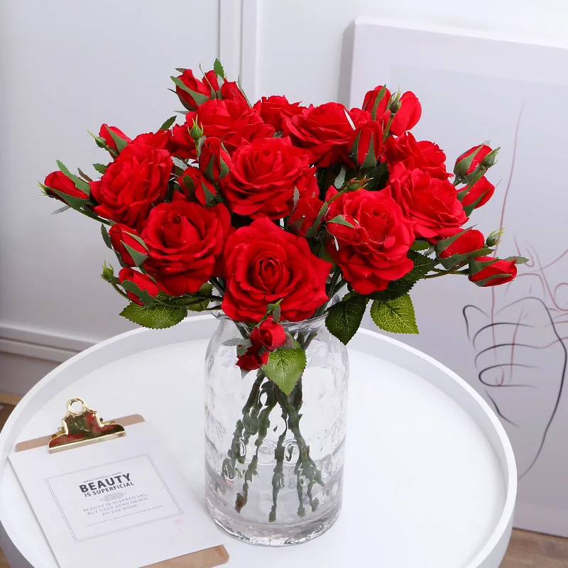 

2pcs Red Pink Real Touch Silk Rose Artificial Flower One Head Two Buds Rose Fake Flower Wedding Party Table Decor Wedding Flower