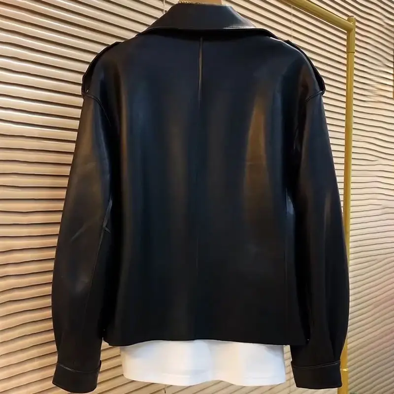 Весенне-осенняя однотонная модная кожаная одежда с отложным воротником и