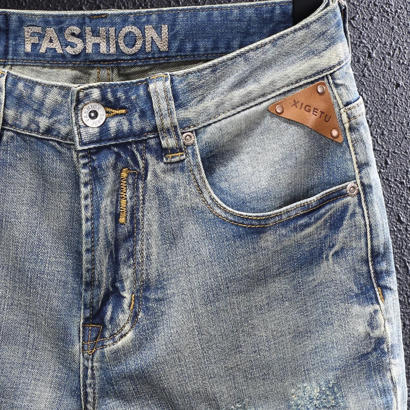 Newly Fashion Designer Men Jeans Retro Yellow Blue Elastic Stretch Slim Fit Ripped Jeans Men Patched Vintage Denim Pants Hombre