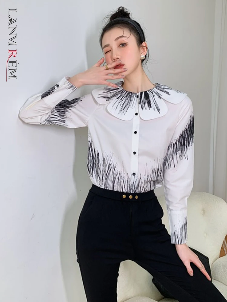 

LANMREM дизайнерская рубашка с лепестками и лацканами для женщин, однобортные топы с длинными рукавами, новинка 2023, Весенняя винтажная одежда, 2Q1480