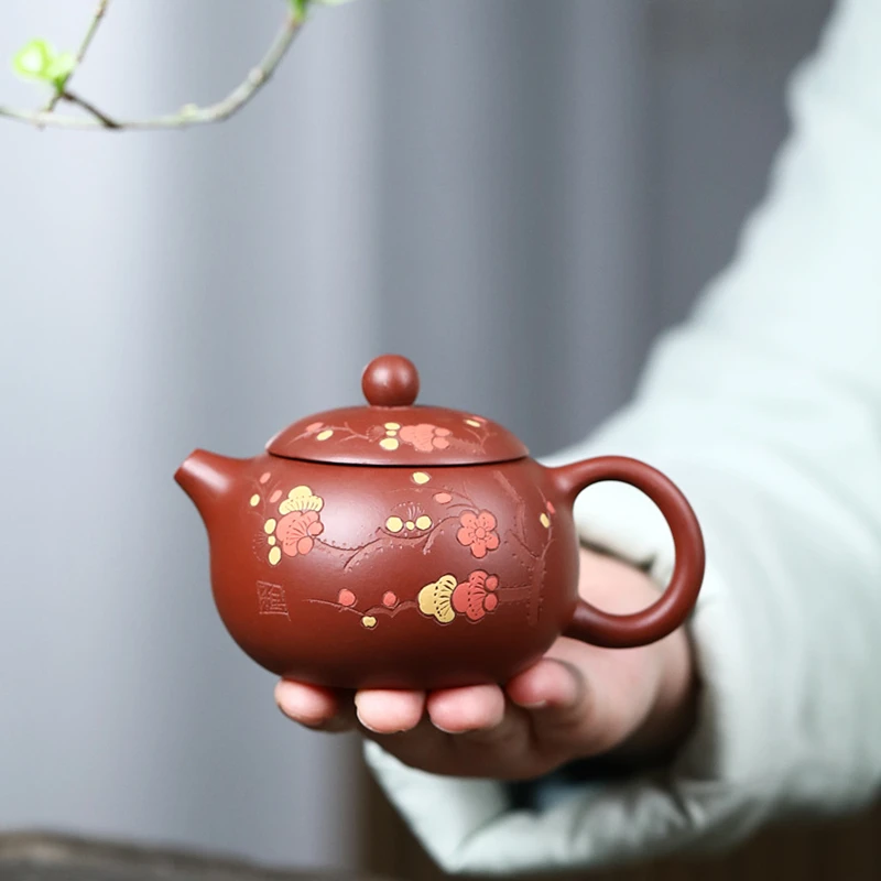

ball shaped infuser holes hand carved wintersweet flower embossed tea pot real yixing zisha original ore dahongpao clay xishi