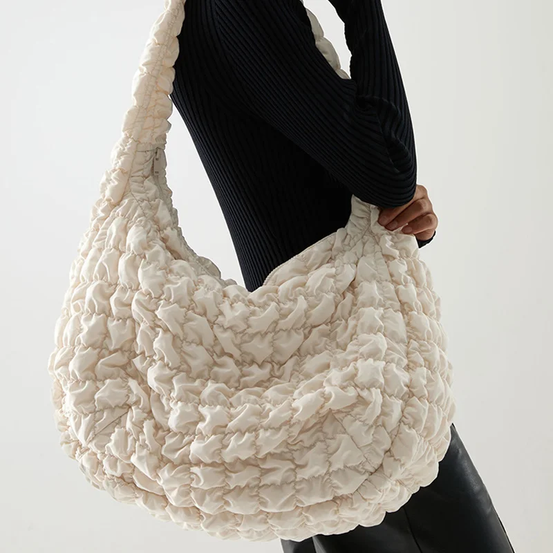 

2023Casual Large Capacity Tote Shoulder Bags Designer Ruched Handbag Luxury Nylon Quilted Padded Crossbody Bag Female Big Purse