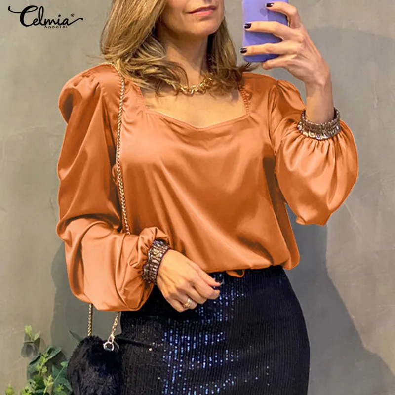 

Celmia Elegant Square Collar Shirt 2022 Autumn Women Puff Long Sleeves Solid Blouse Casual Loose Satin Silk Party Tops Oversized