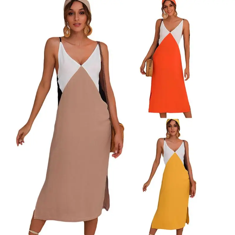 

Платье женское средней длины с V-образным вырезом, праздничное пляжное в стиле бохо, контрастных цветов, на бретелях, 10CD, на лето
