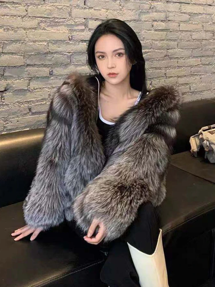 Fashion Long Sleeve Faux Fox Fur Hooded Coat Women 2022 Winter Elegant Ladies High Street Short Coats Casual Outwear