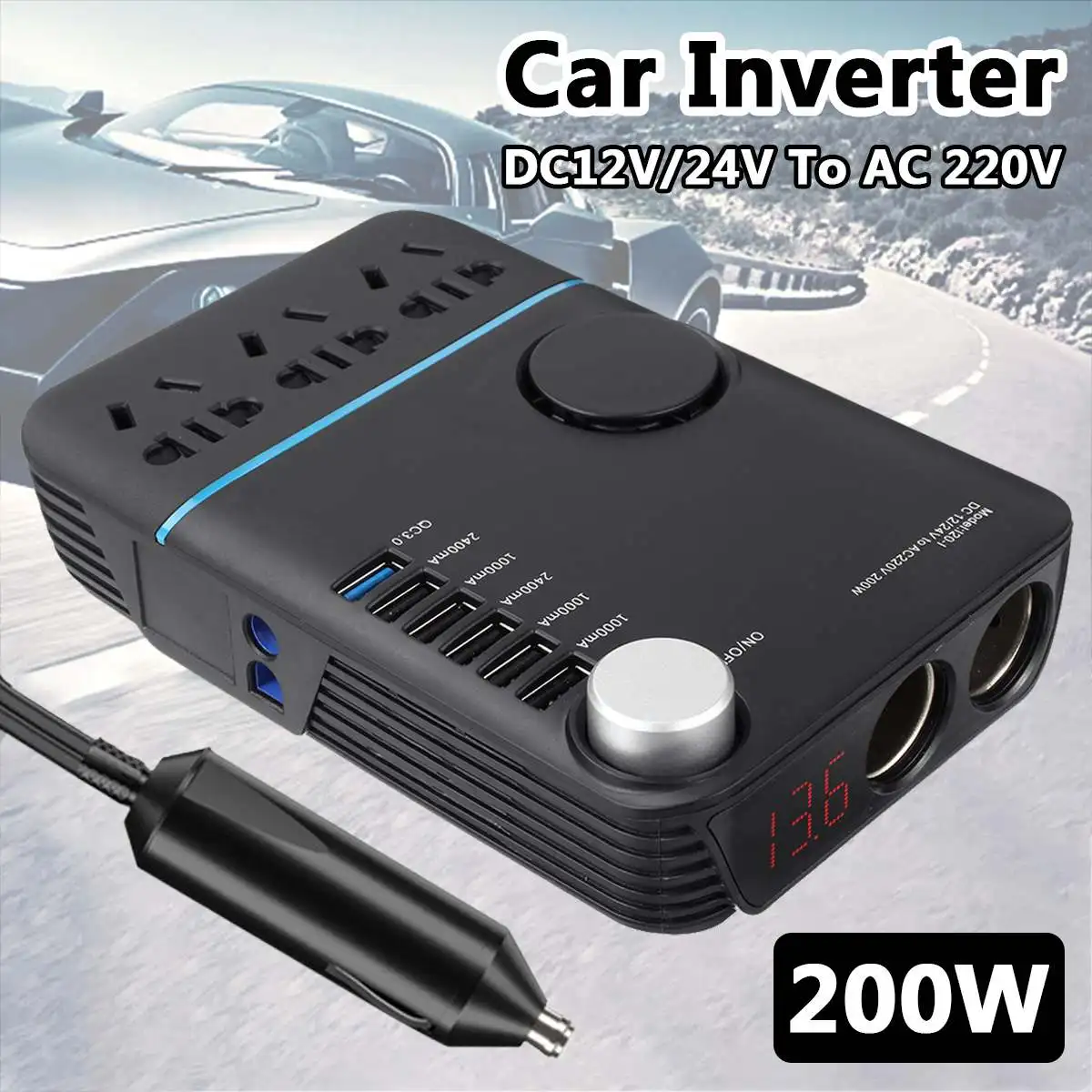 

Автомобильный инвертор для прикуривателя, 200 Вт, 5USB-портов
