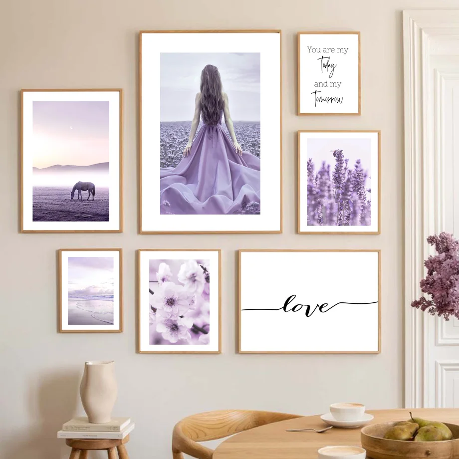 Фиолетовая лаванда цветок океан женщина лошадь цитаты настенное искусство холст