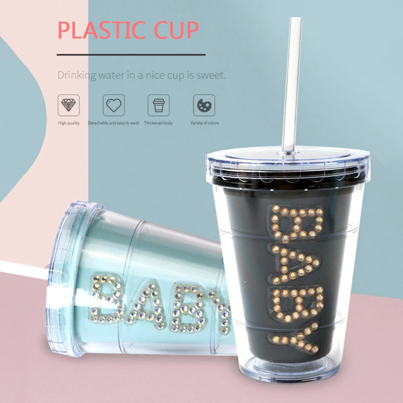 

New Flash Diamond Dome Water Cup With Lid Plastic Milk Double Layer Drink Cup With Straw 410ml