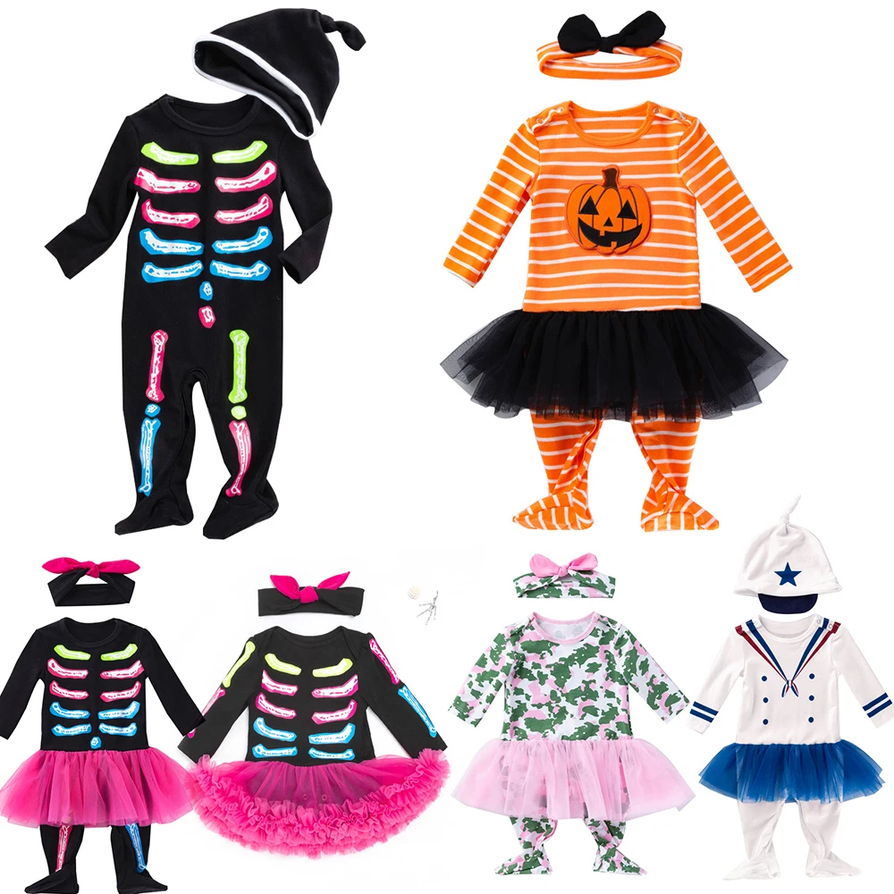 

Женский костюм с принтом скелета на Хэллоуин для малышей новорожденных 2 предмета обруч для волос + комбинезон Детский комбинезон Домашняя одежда с тыквой