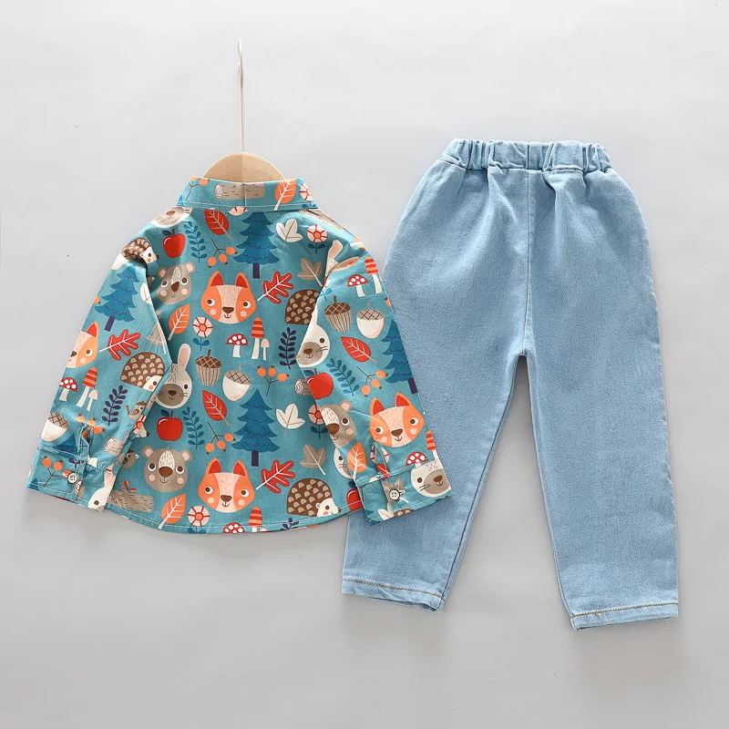 Рубашка и джинсы с длинным рукавом принтом динозавра комплект из двух предметов