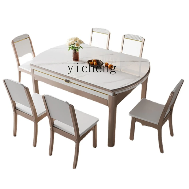 

YY Light Luxury Stone Plate Solid Wood Dining Tables and Chairs Set Simple Retractable Folding Dining Table