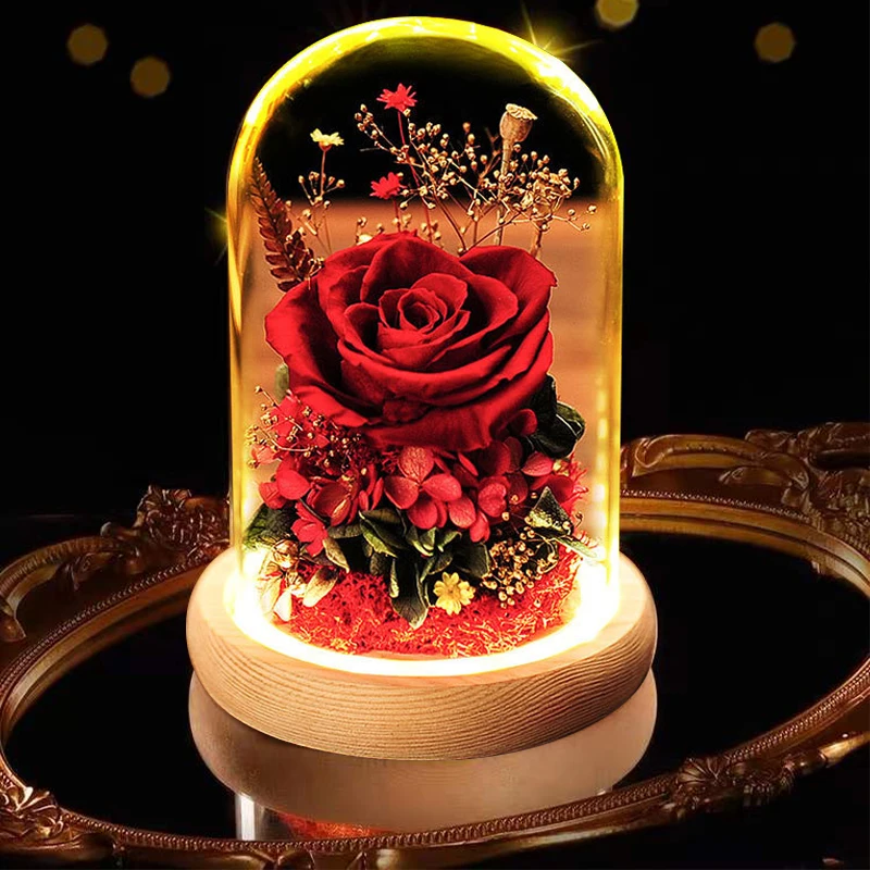 

2023 New Rose Eternal Flower Glass Cover With Gift Box LED Glowing Birthday Gift Christmas Valentine'S Day Gift Colorful Roses
