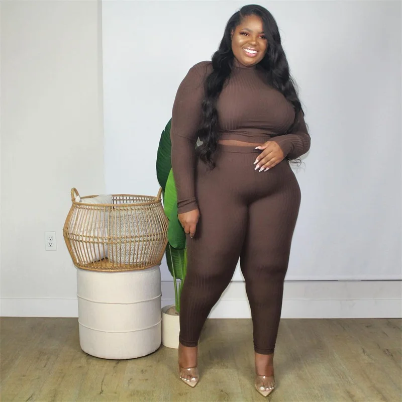 Plus Size Women Clothing Fashion Sexy Outfits Long Sleeve Top and Pants Bodycon Ribbed Two Piece Set Dro 3xl 4xl 5xl 6xl