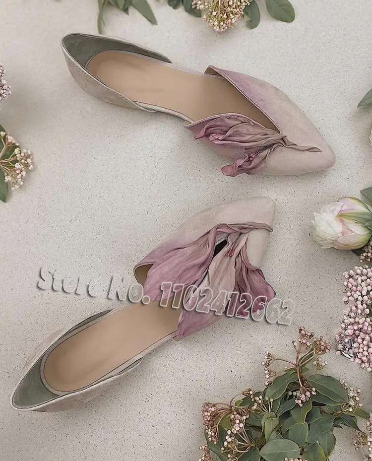 Petals Pointy Toe Flats Green Flower Suede Shoes Gradient Mixed Colors Shoes Elegant Women Sweet Pumps Spring Fairy Casual Shoes