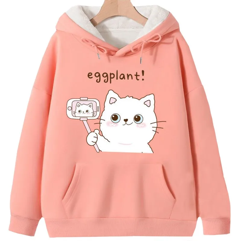 

Winter Girly Style Casual Women Hoodie Coat Lady Loose Sweatshirt Print Harajuku Cartoon Cute Selfie Cat Pink Female Pullover