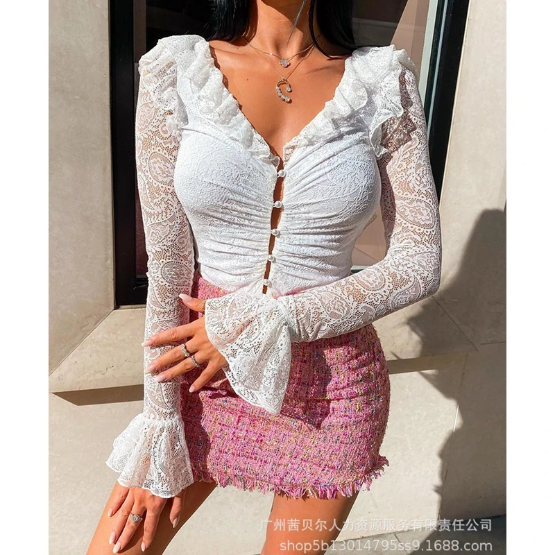 

Women Shirt T-shirt Summer Slim Lace Mesh See-through Bell Sleeve Top Women Ruffles Stitched Backless Single-Breasted V-neck Top
