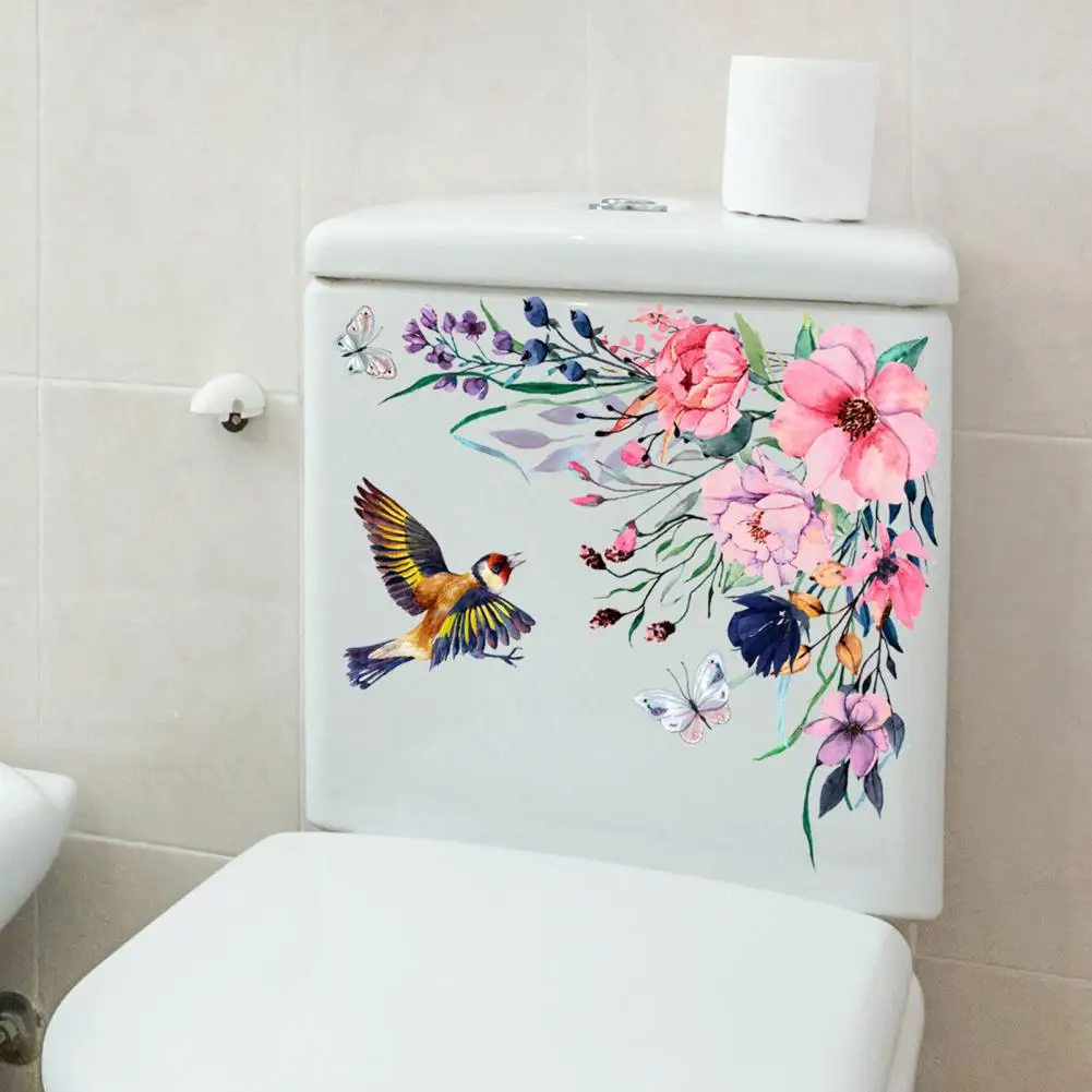 

1 Set Nice-looking Delicate Flower Pattern Wall Toilet Decal Eye-catching Toilet Sticker Convenient for Daily Use