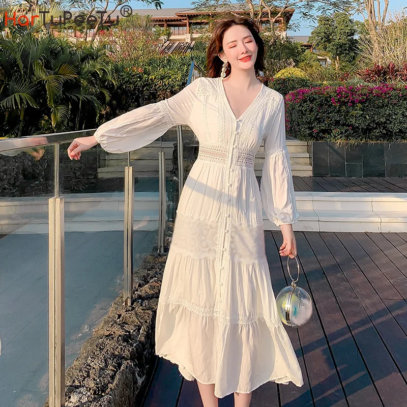 

White Beach Dress Maxi Women High Waist Vestido Mujer 2022 Summer Autumn V Neck Long Sleeve Holiday Elegant Dresses