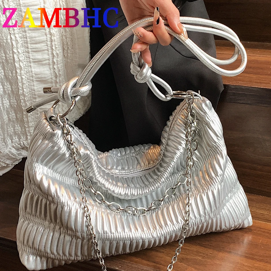 

Silver Large Capacity Pleated PU Leather Shoulder Side Bags for Women 2023 New Chain Handbags and Purse Luxury Brand Shopper Bag