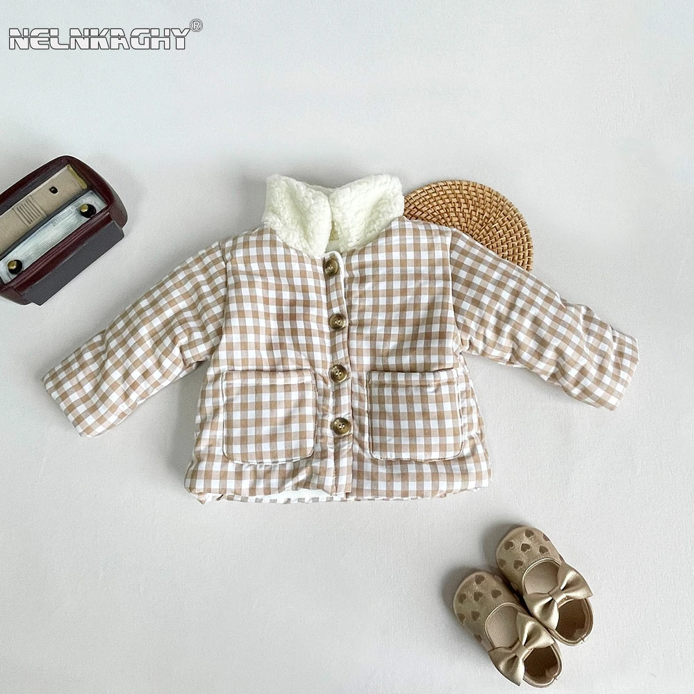 

2023 Winter New in Kids Baby Girls Boys Full Sleeve Plaid Thicken Velvet Top Outwear Children Warm Clothing Outdoor Coat 0-3Y