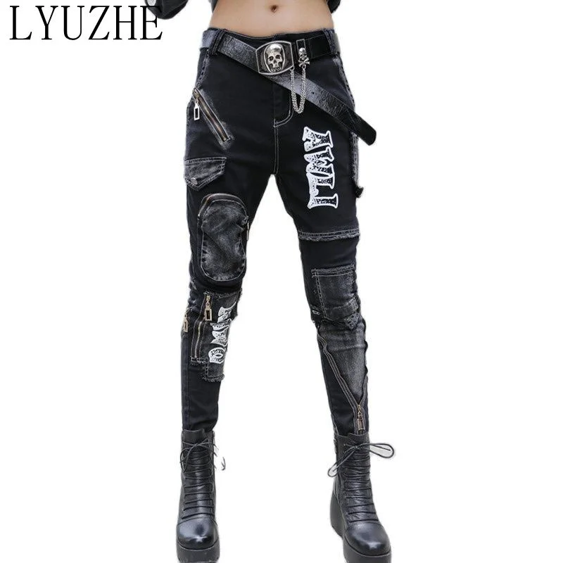 

LYUZHE 2023 Spring Autumn Elastic Slim Black Jeans Women Personality Zipper Stitching Printing Punk Style Pencil Pants ZWL2235A