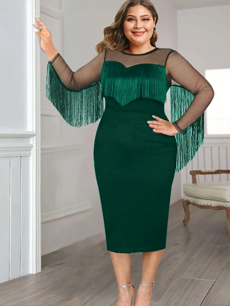 Plus Size 4XL Green Tassel Dresses Women Long See Through Sleeve Mesh Patchwork Evening Party Gowns Fringe Going Out Dance Dress