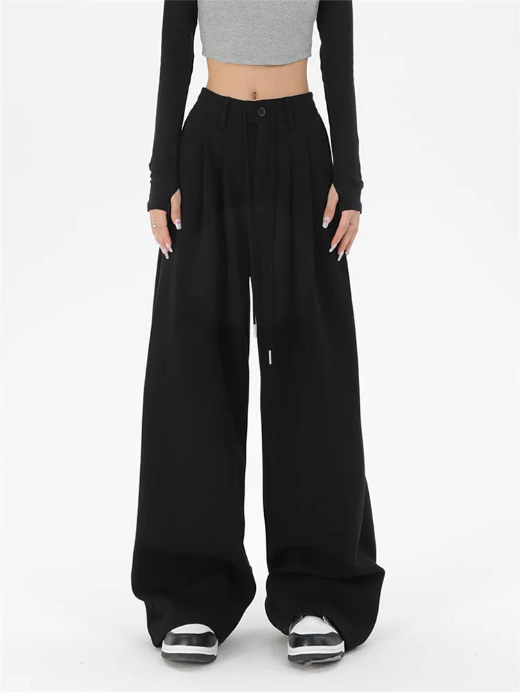 

Брюки женские повседневные с широкими штанинами, базовые Свободные тренировочные штаны с завышенной талией в корейском ретро стиле, офисные черные, Осень-зима 2022