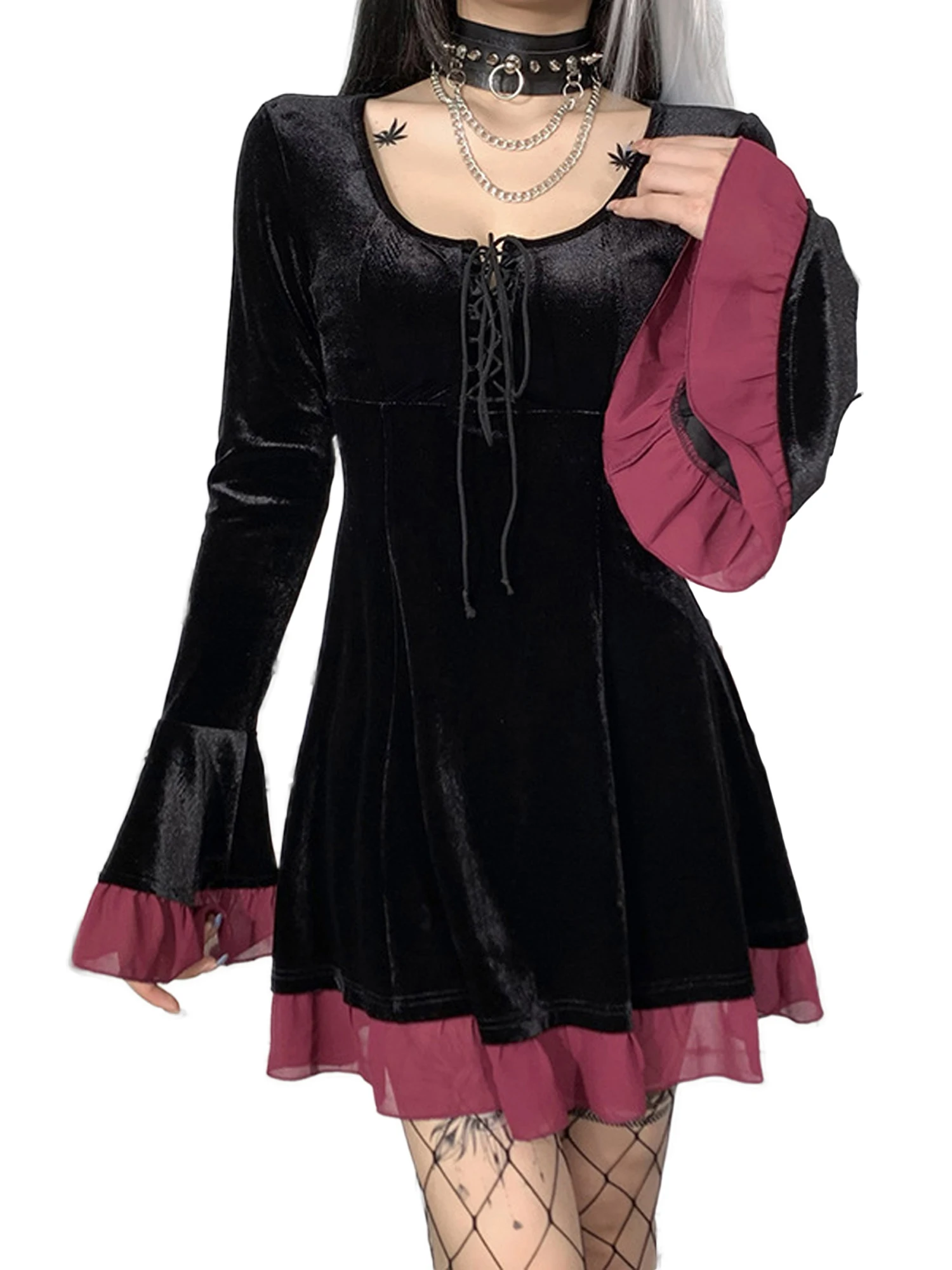 

Women Goth Black Lolita Dress Halloween Off Shouder Long Sleeve Corset Dress Vintage Gothic Punk Velvet Lace Up Mini Dress