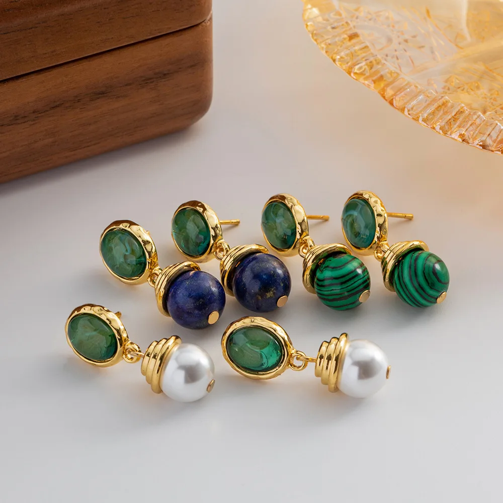 

Minar Dainty Multicolor Natural Stone Lapis Malachite Pearl Dangle Earrings for Women 18K Real Gold Plated Brass Long Earring