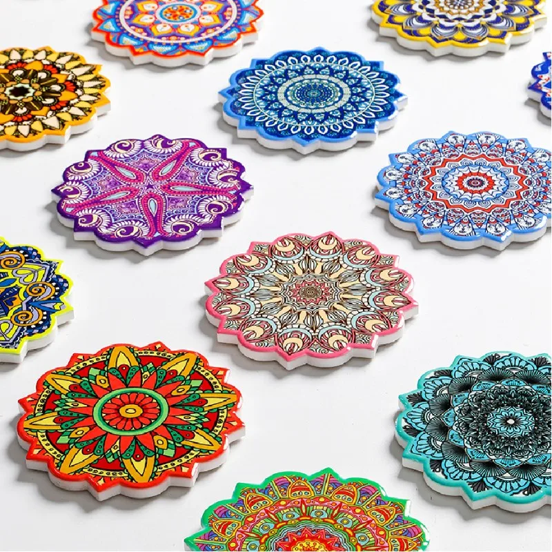 

Coaster Mat Pad Colorful Ceramic Placemat Cork Wood Base Coffee Drink Tea Cup Mug Vase Mandala Table Decor Home Kitchen Bar Gift