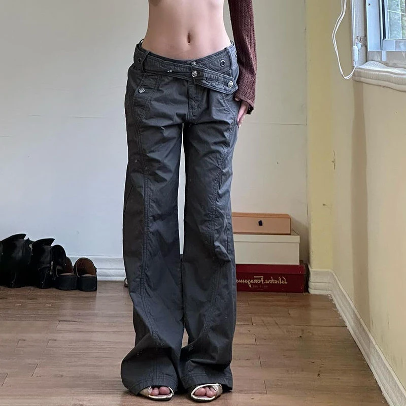 Женские серые тонкие расклешенные кастрюли в уличном стиле ретро прямые брюки с