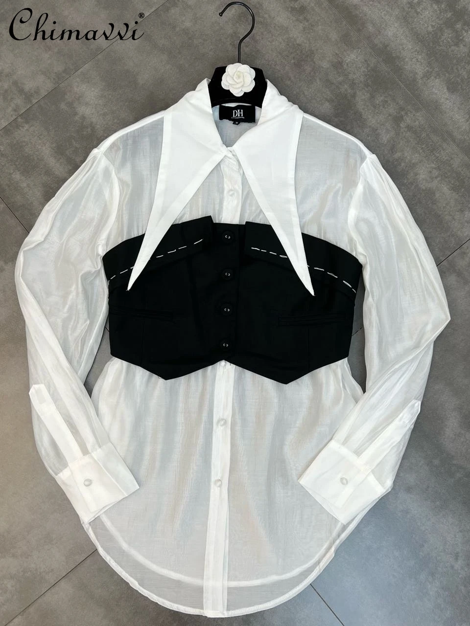 

2022 Autumn New Fashion Triangle Lapel Long Sleeve Stitching Tube Top False-Two-Piece Shirts Loose Elegant Long Sleeve Blouse