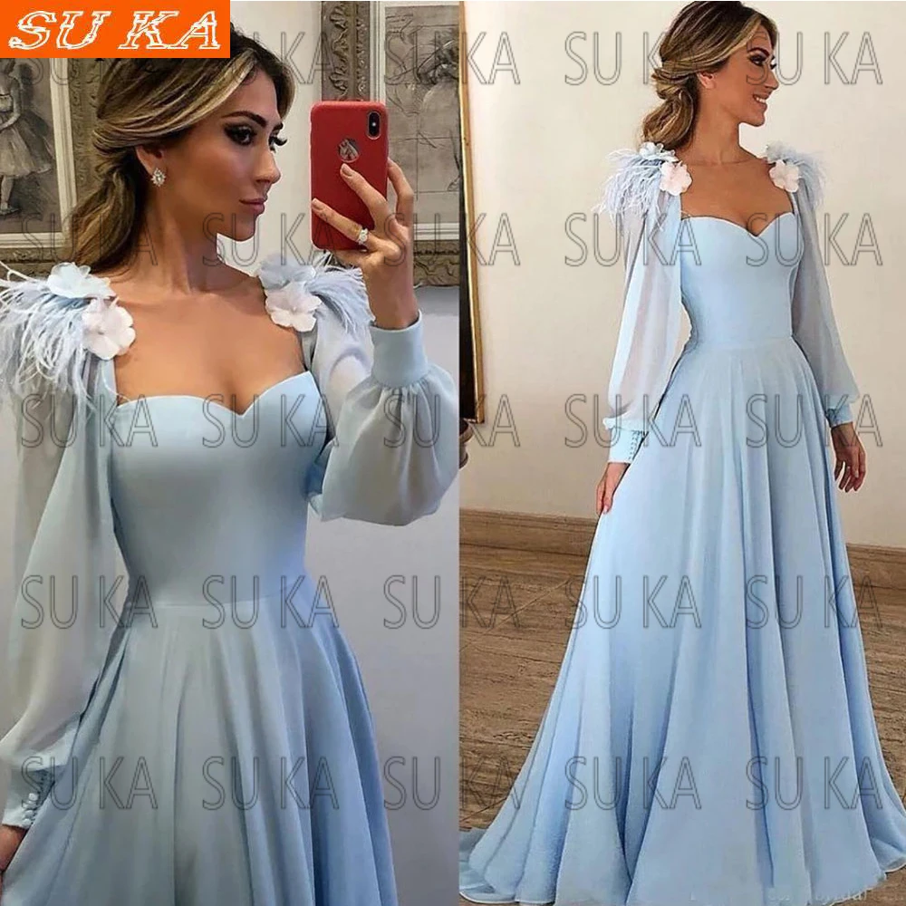 

Elegant Sky Blue Chiffon Sweetheart Evening Dresses Puff Long Sleeves 3D Flower Feather Women Formal Party robe de soirée femme