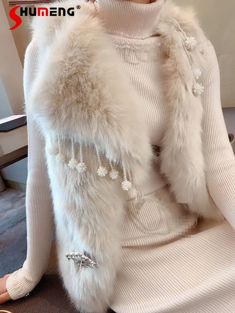 

Korean Style Beads Tassel Belt Vest Faux Fur Vest Coat Women 2022 New Winter Clothes Luxury Warm Furry Jacket Waistcoat Fashion