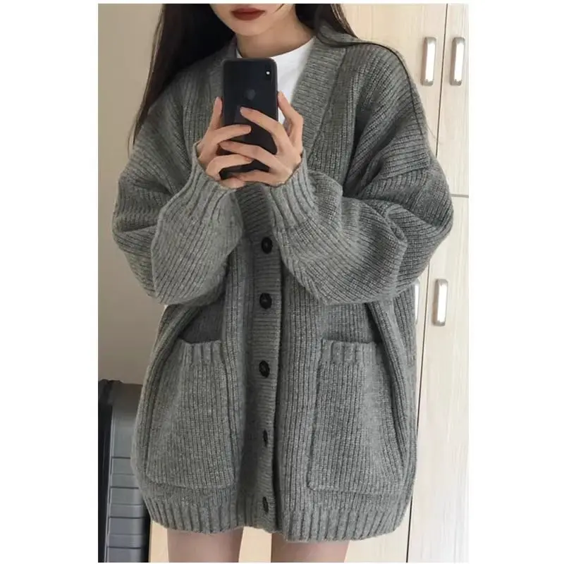 Красный вязаный кардиган женский повседневный ретро-куртка в ленивом стиле