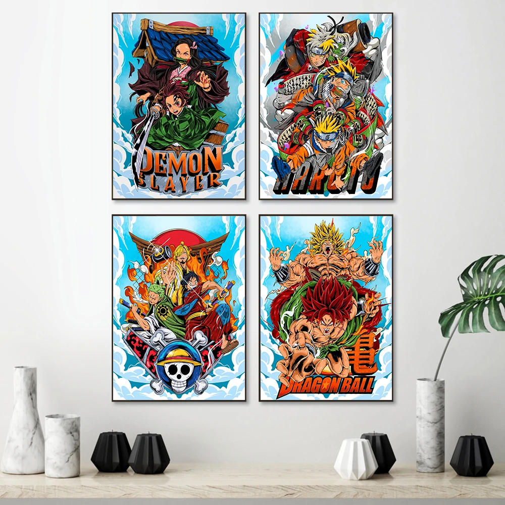 

Vintage Cartoon Dragon Ball Posters One Piece Demon Slayer Wall Art Colorful Naruto Bedroom Canvas Painting Living Room Decor