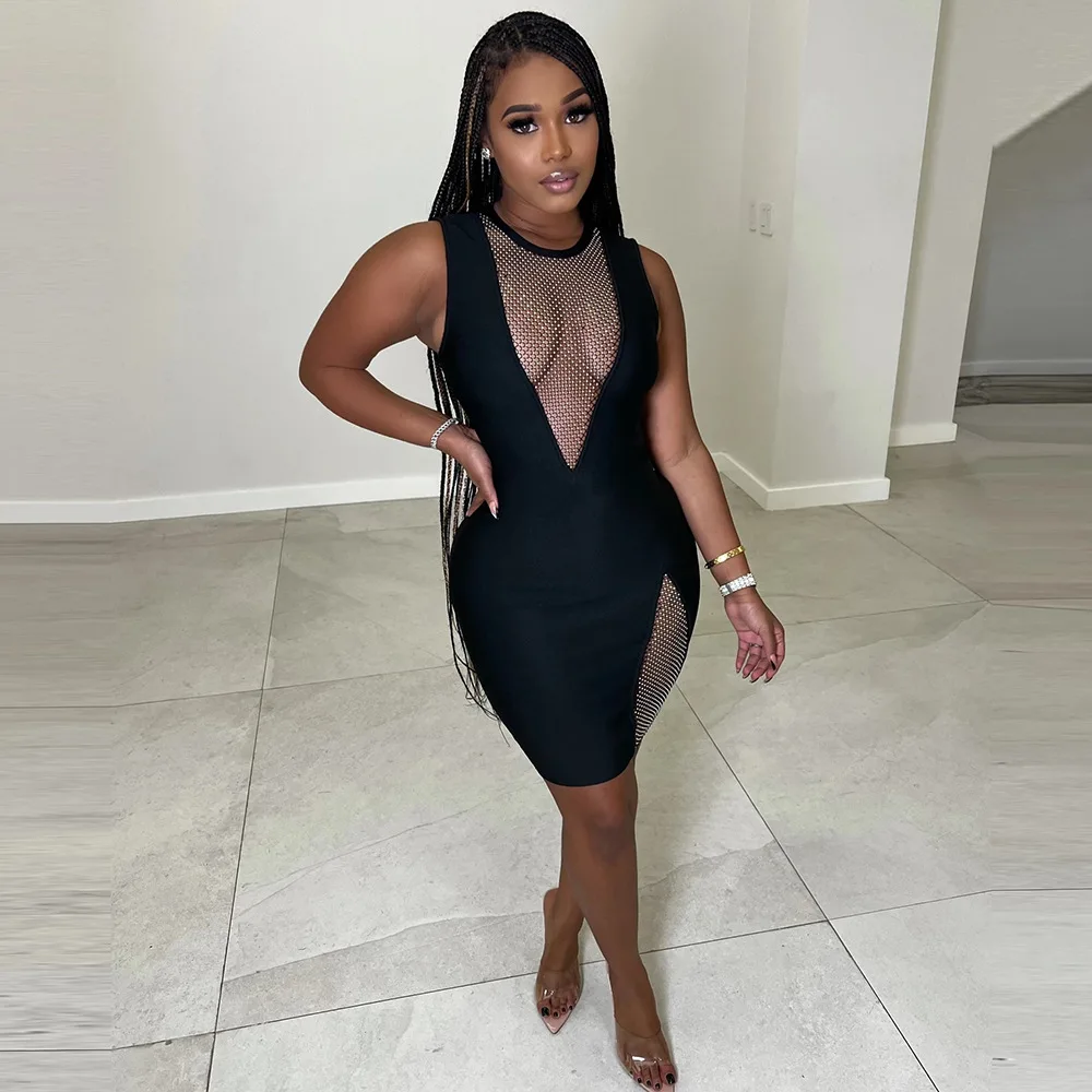 

Wishyear 2022 Elegant Sexy Black Bodycon Dresses for Women Party Club Wear See Through Mesh Patchwork Sleeveless Mini Dress