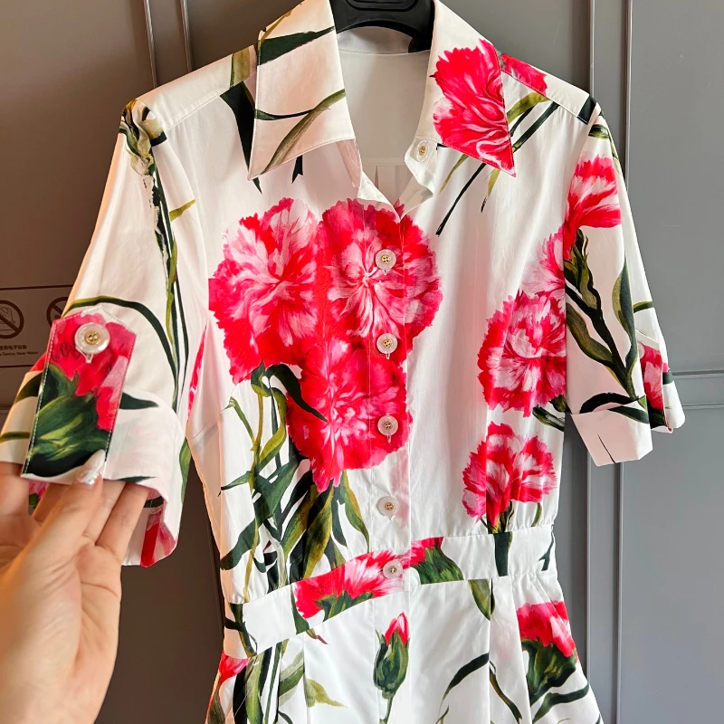 Top Quality Tulip Collection Poplin Turn Down Collar Short Sleeve Patchwork Buttons Floral Position Print Playsuits