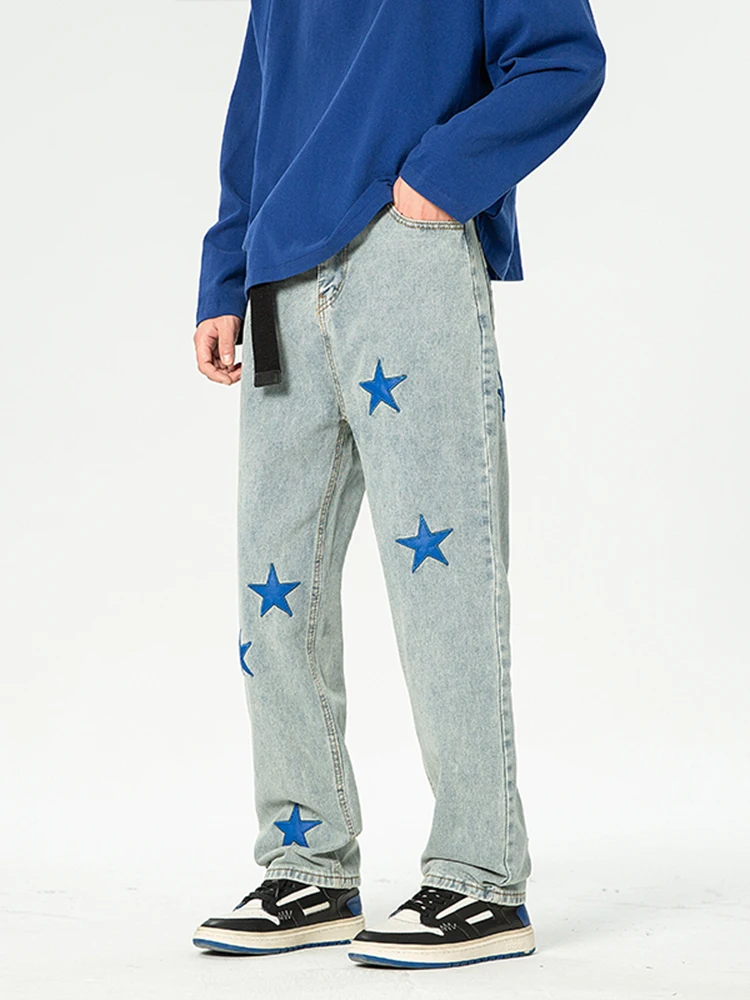 Four Seasons Men's Jeans High Street Star Pattern Embroidered Jeans Trendy Street Distressed Straight Loose Casual Pants JEANS