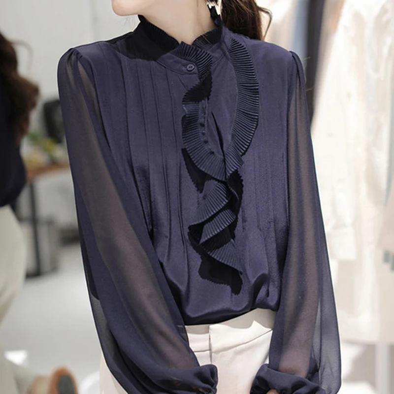 2022 spring and summer pleated ruffled lantern sleeve shirt women  blusas mujer de moda 2022 verano elegantes