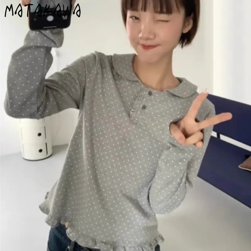 Matakawa Y2k Kawaii футболка для женщин в горошек с воротником Питера Пэна милые Ropa De Mujer