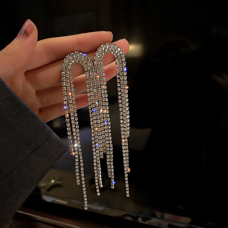 

2022 Fashion Long Tassel Crystal Drop Earrings for Women Geometric Full Rhinestone Earrings Statement Jewelry Gifts