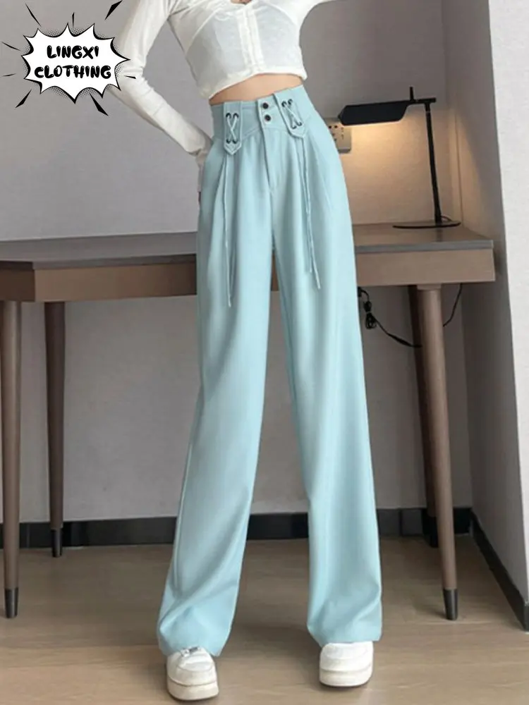 Light Blue Drawstring Narrow Wide Leg Straight Suit Trousers High Waist Drape Summer Professional Women Sweatpants Korean Style