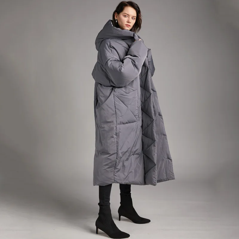 New Winter 90 White Eiderdown Simple Loose Hooded Lengthened Thick Down Jacket Female Back Slit куртка женская с капюшоном