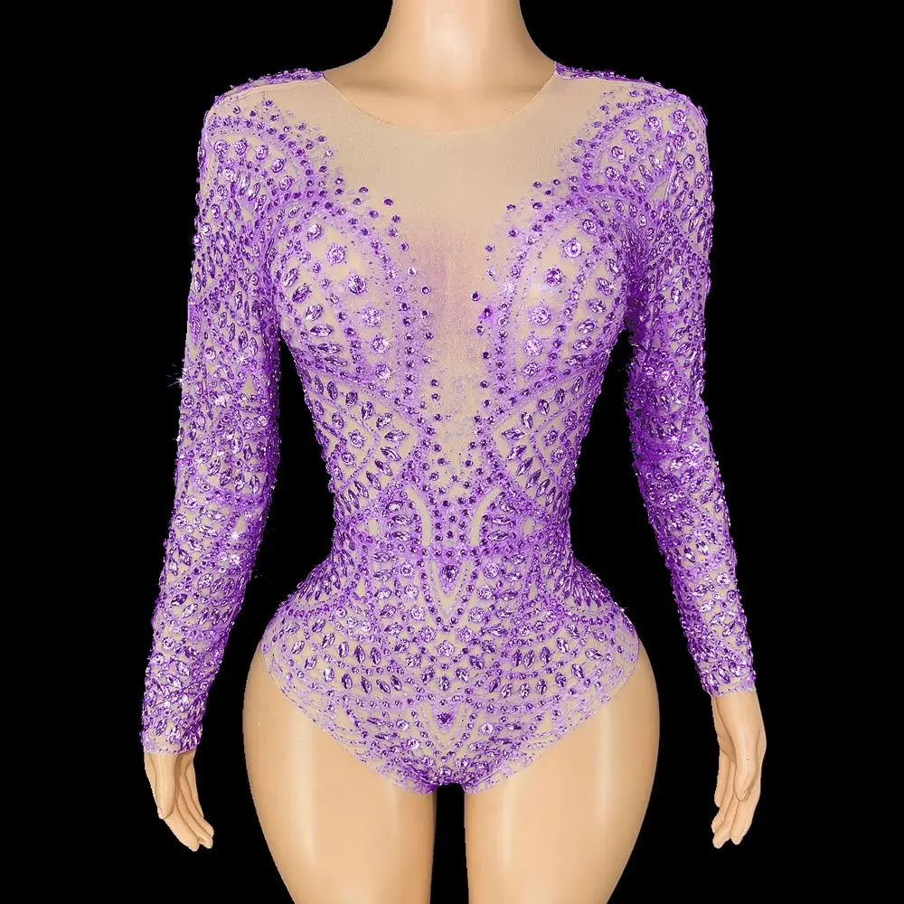 

Sparkly Rhinestones Leotard Long Sleeve for Women Sexy Mesh Stretch Dance Costume Performance Stage Wear Photo Shoot Dress