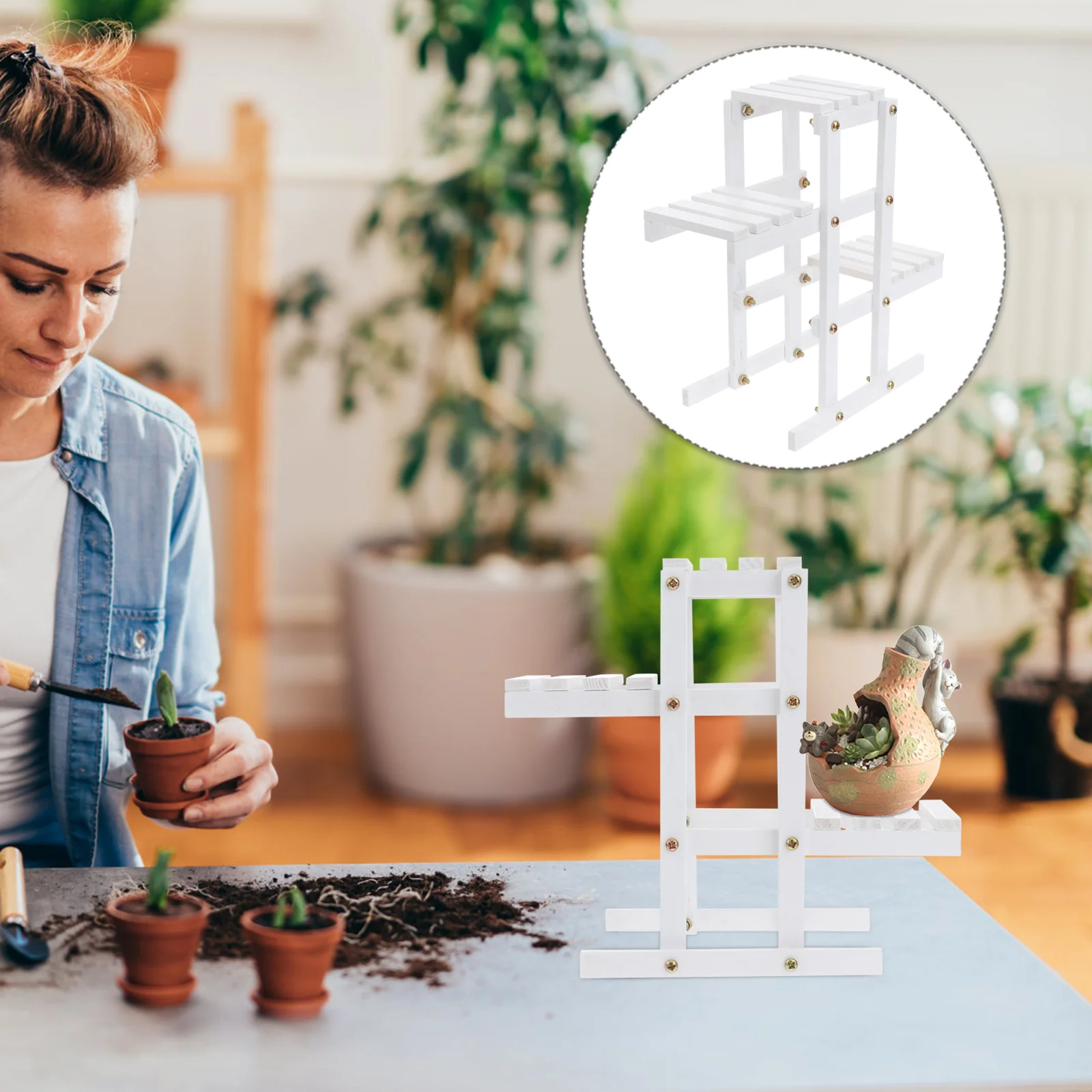 

1pc Wooden Storage Rack Flower Pot Rack Stand Holder Household Green Plants Potted Plant Flower Holder for Home (White)