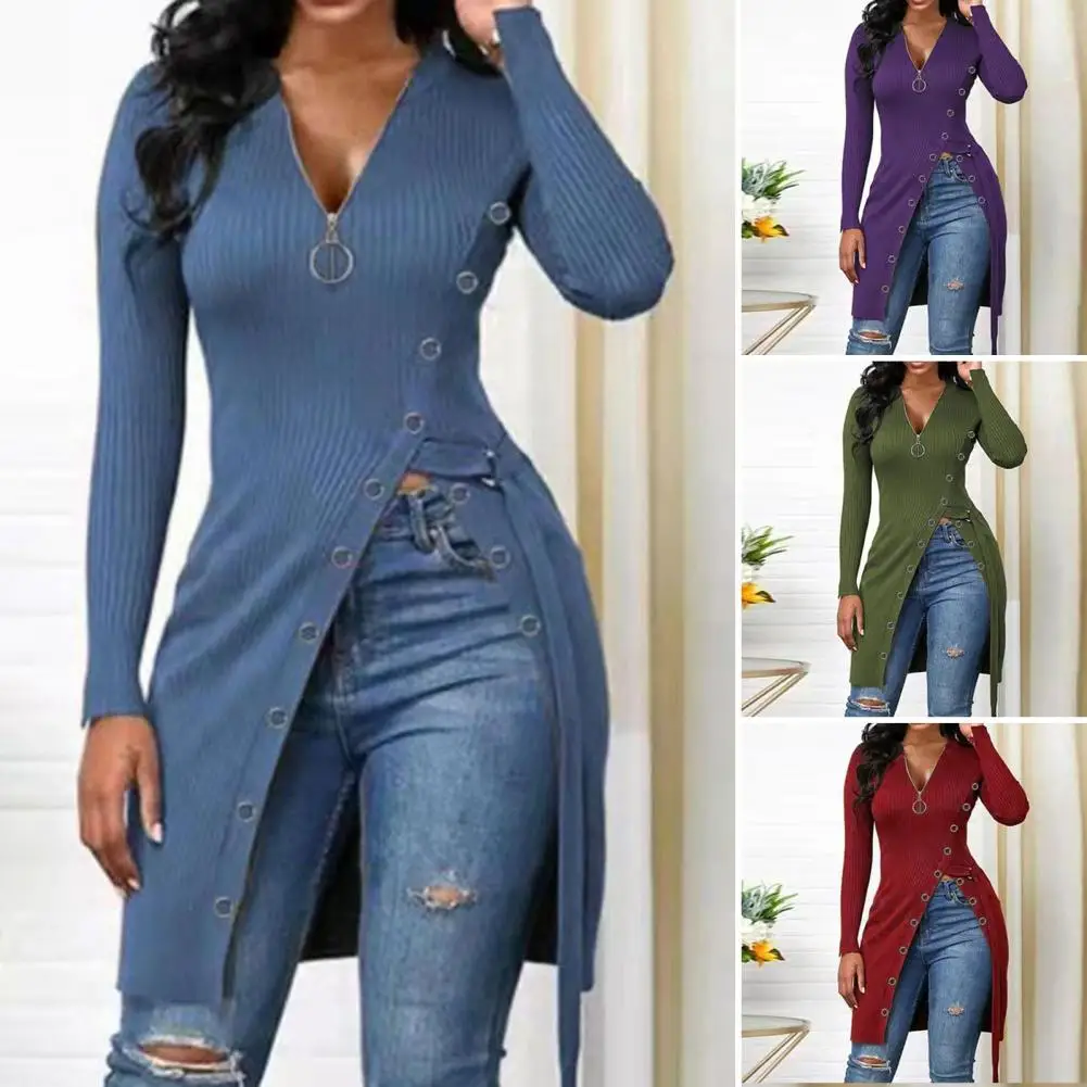 

Шикарная туника-блузка с длинным рукавом, теплая дышащая демисезонная однотонная туника-блузка с разрезом на подоле