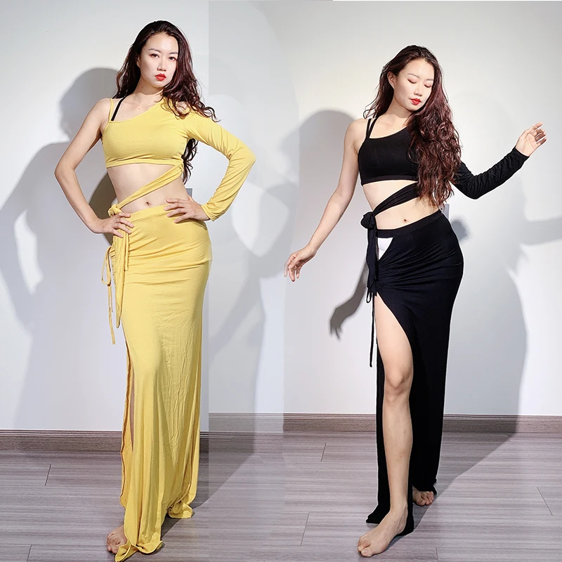 

Тренировочный костюм для танца живота Модальный начинающий практикующий завязанный односторонний рукав Сексуальная юбка на шнурке Восточный комплект для танца живота