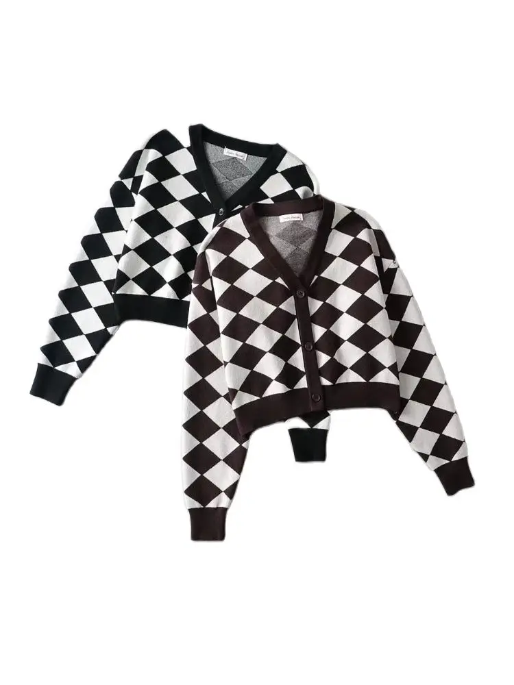 

Bmissingyou Vintage Argyle Women's Knitted Sweaters Long Sleeve V-Neck Cardigan Outwear 2023 New Ins Casual Female Short Tops