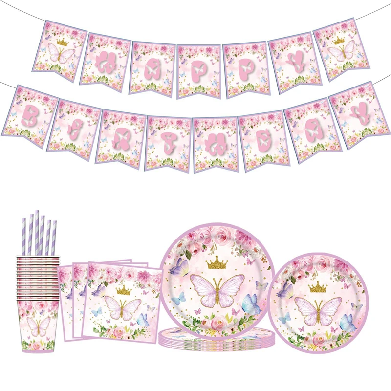 

1 set butterfly Theme Birthday Tableware Party Supplies Napkin Plates Cups pink Decor for baby 100 day birthday children's day